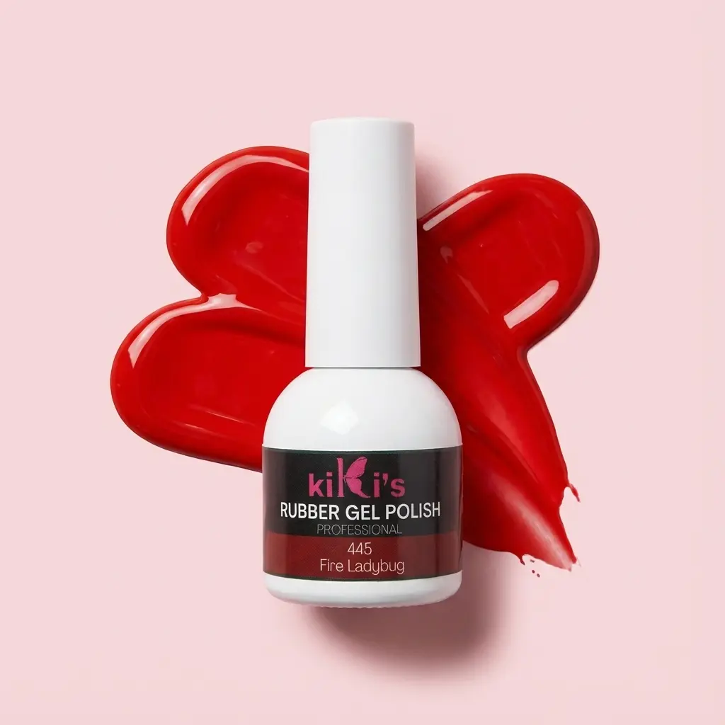 Flacone di base rubber Fire Ladybug con pennello e swatch colore rosso classico acceso