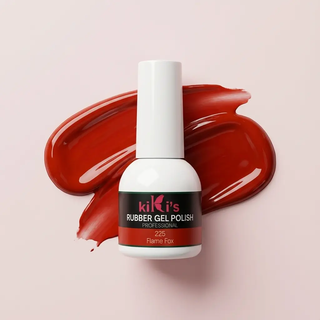 Flacone di base rubber Flame Fox con swatch colore rosso aranciato caldo