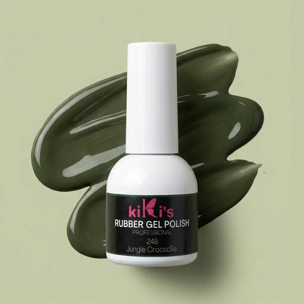 Flacone di base rubber Jungle Crocodile con swatch colore verde oliva intenso