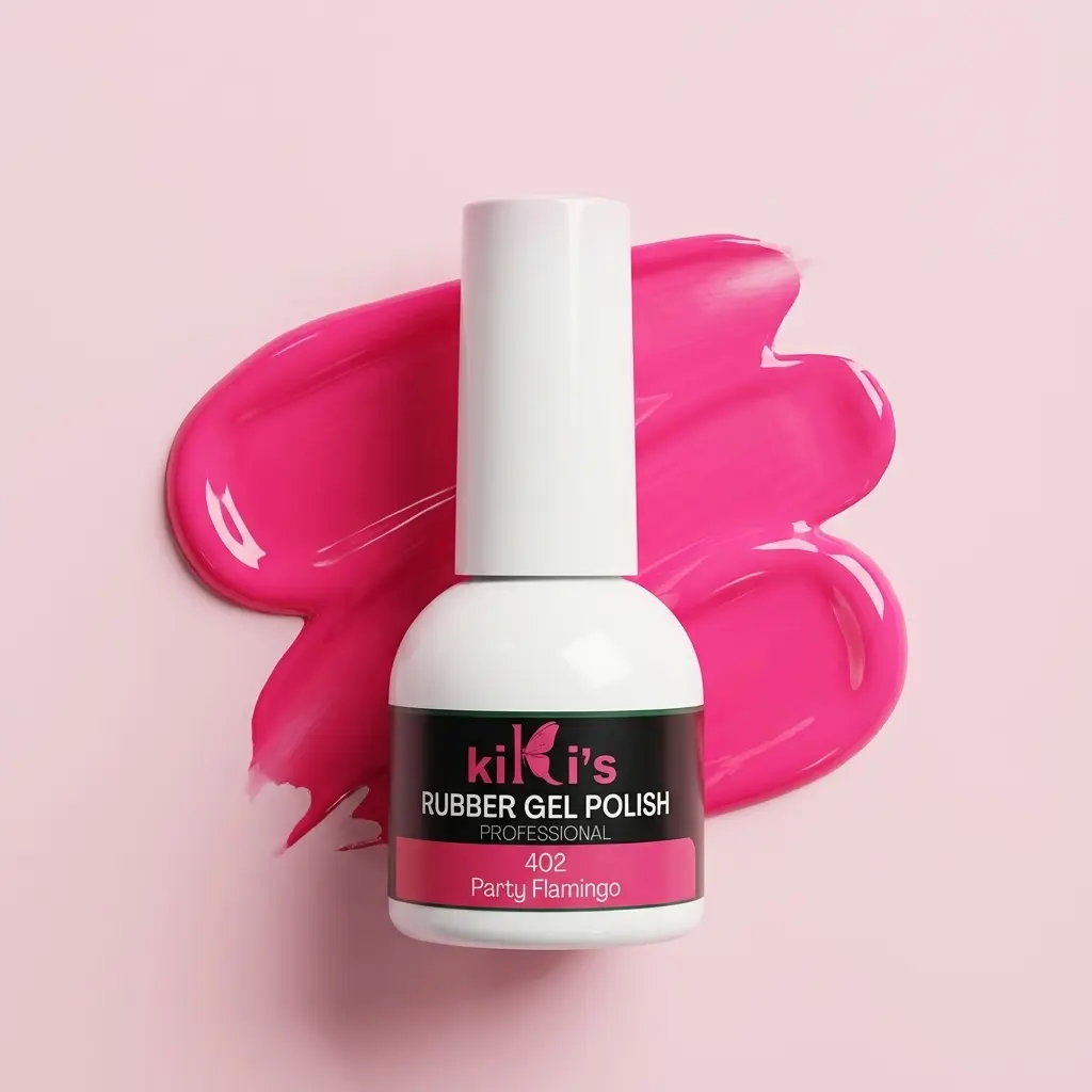 Flacone di base rubber Party Flamingo con swatch colore rosa fluo vibrante