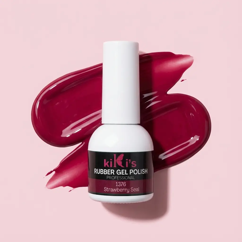 Flacone di base rubber Strawberry Seal con swatch colore rosso fragola intenso