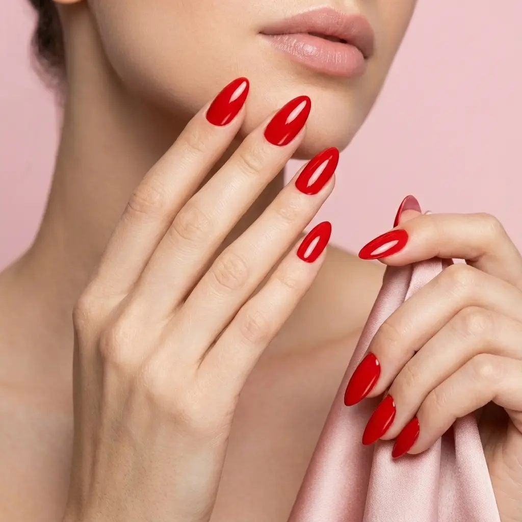 Manicure elegante su unghie a mandorla con base rubber Fire Ladybug lucida