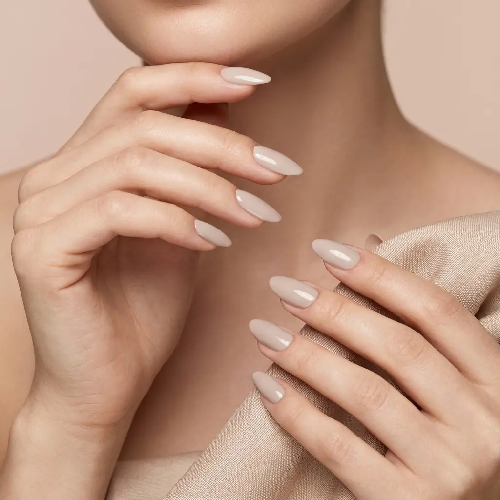 Manicure minimalista chic su unghie lunghe a mandorla con base rubber Milky Snail