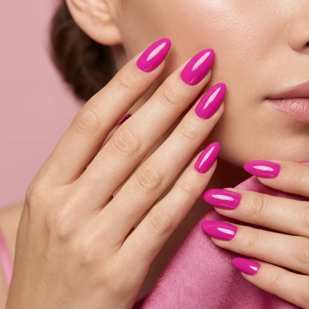 Manicure femminile su unghie lunghe a mandorla con base rubber Pink Dragonfly