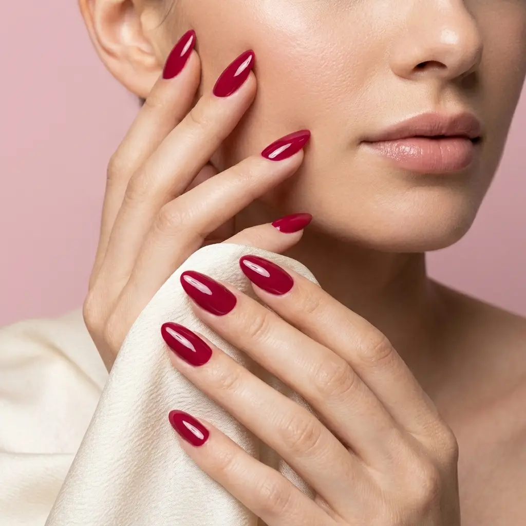 Manicure femminile seducente su unghie lunghe a mandorla con base rubber Strawberry Seal