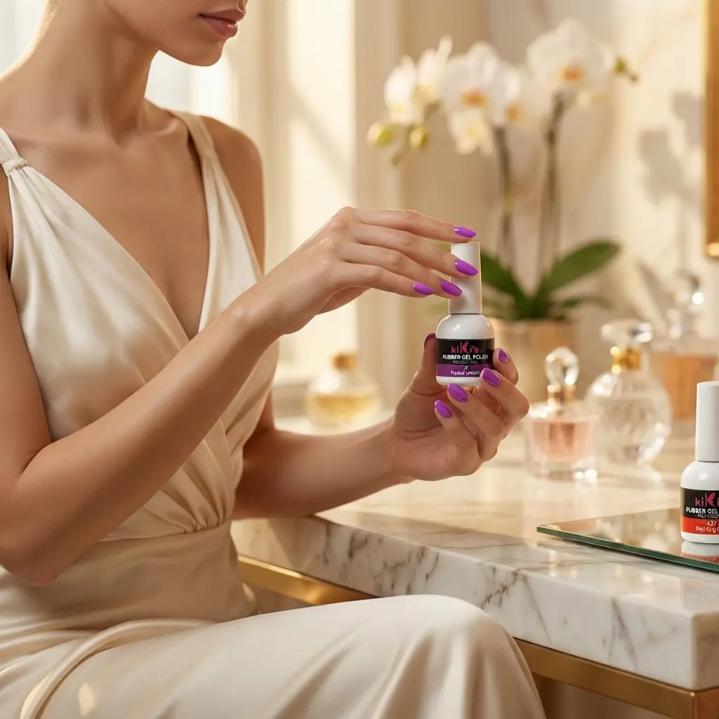 Donna in seta che esamina un flacone di smalto gel professionale Base Rubber Kiki's Beauty Popstar Unicorn, enfatizzando la qualità e il rituale di bellezza a casa