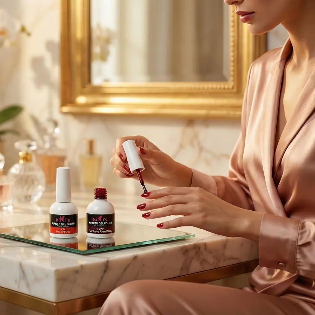 Dettaglio dell'applicazione di smalto gel professionale Kiki's Beauty rosso in un contesto lussuoso, a testimonianza della finitura impeccabile e della cura per la manicure
